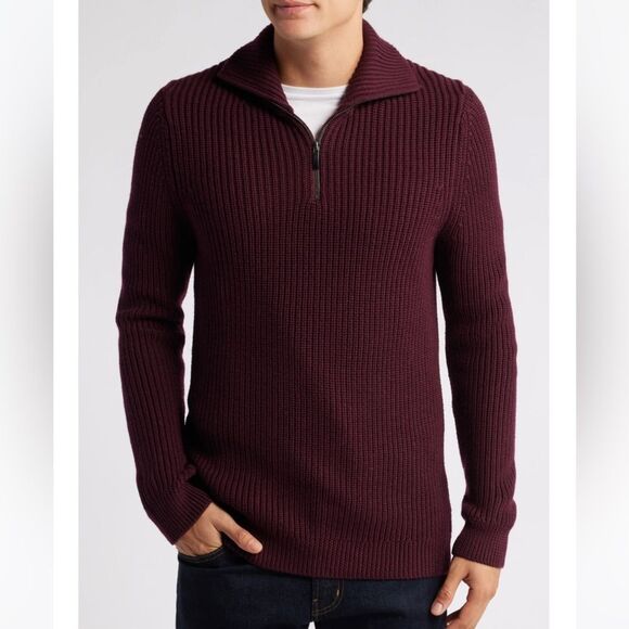Nordstrom Men's Burgundy Royale Zip-Up washable merino wool Sweater size Large - Picture 1 of 8